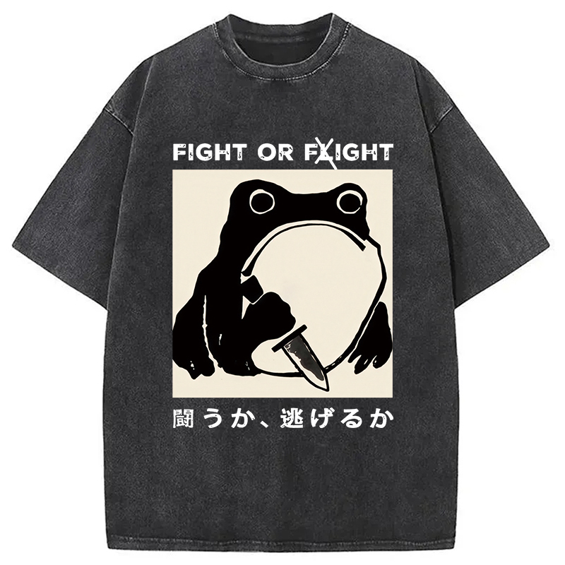 Fight Or Flight Funny Frog Japanese Washed T-Shirt Minimal Retro Graphic Clothing Gifts For Her