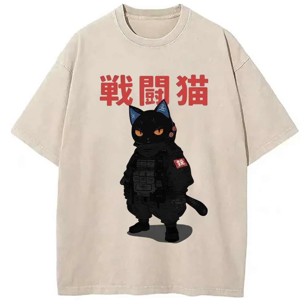 Fighting Cat Washed T-Shirt Casual Vintage Everyday Look Gifts For Him