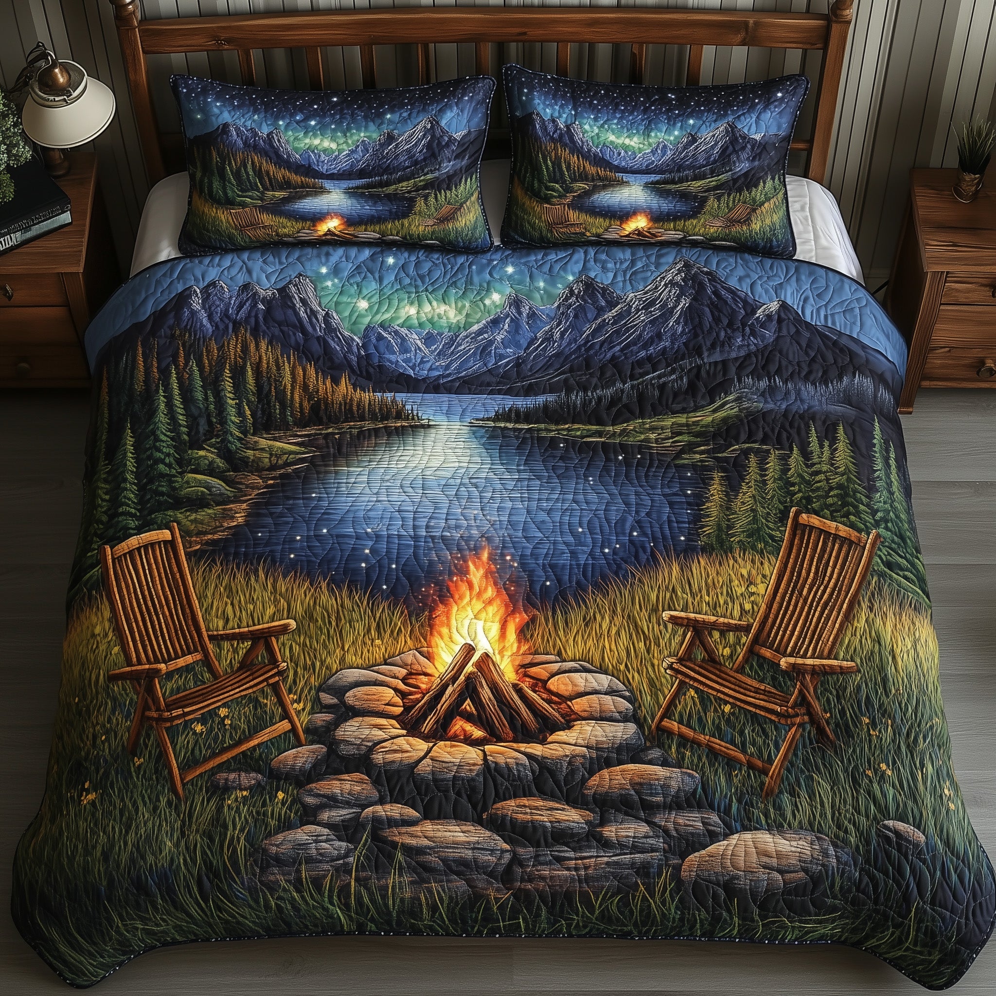 Fire Beneath Stars Quilted Bedding Set Duvet Cover Bed Sheet Camping Gifts For Men