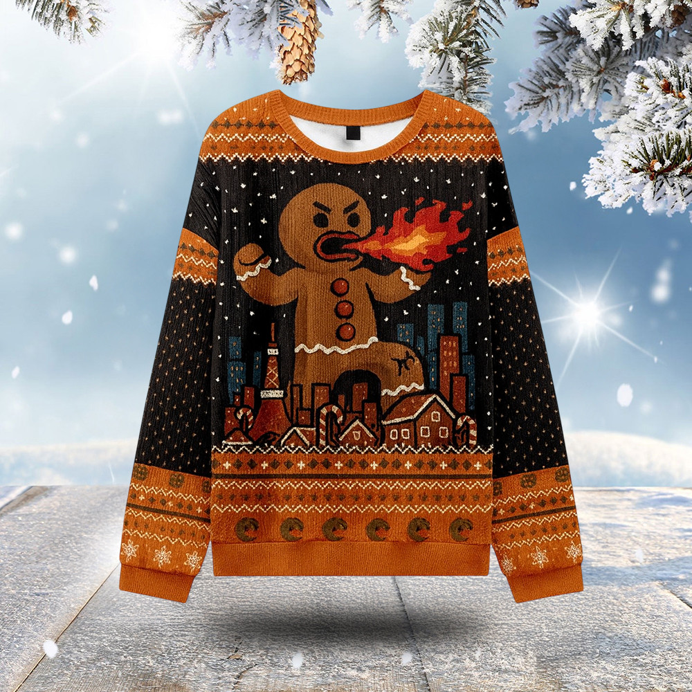 Fire Breathing Gingerbread Ugly Christmas Sweater Funny Christmas Sweaters For Adults