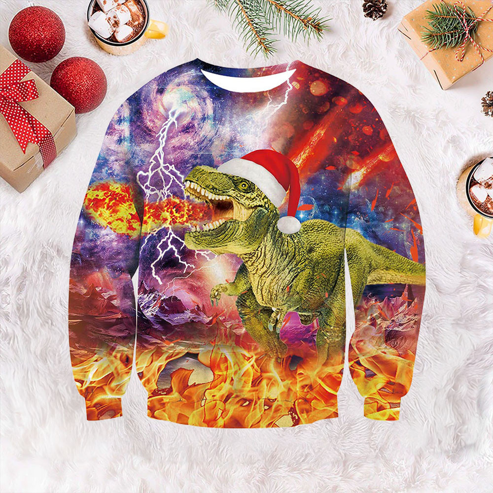 Fire Dinosaur Ugly Christmas Sweater Funny Xmas Jumpers Gifts For Dinosaur Lovers