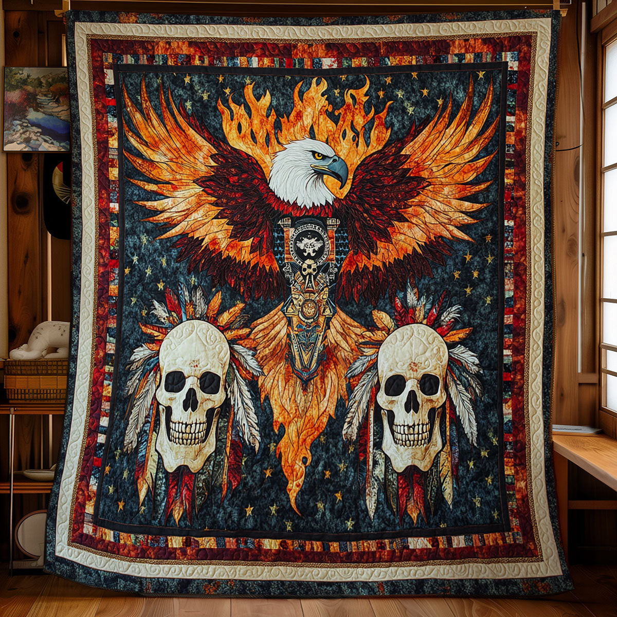 Fire Eagle And Skull Quilt Best Decoration Gift For Friends and Family on Halloween Day