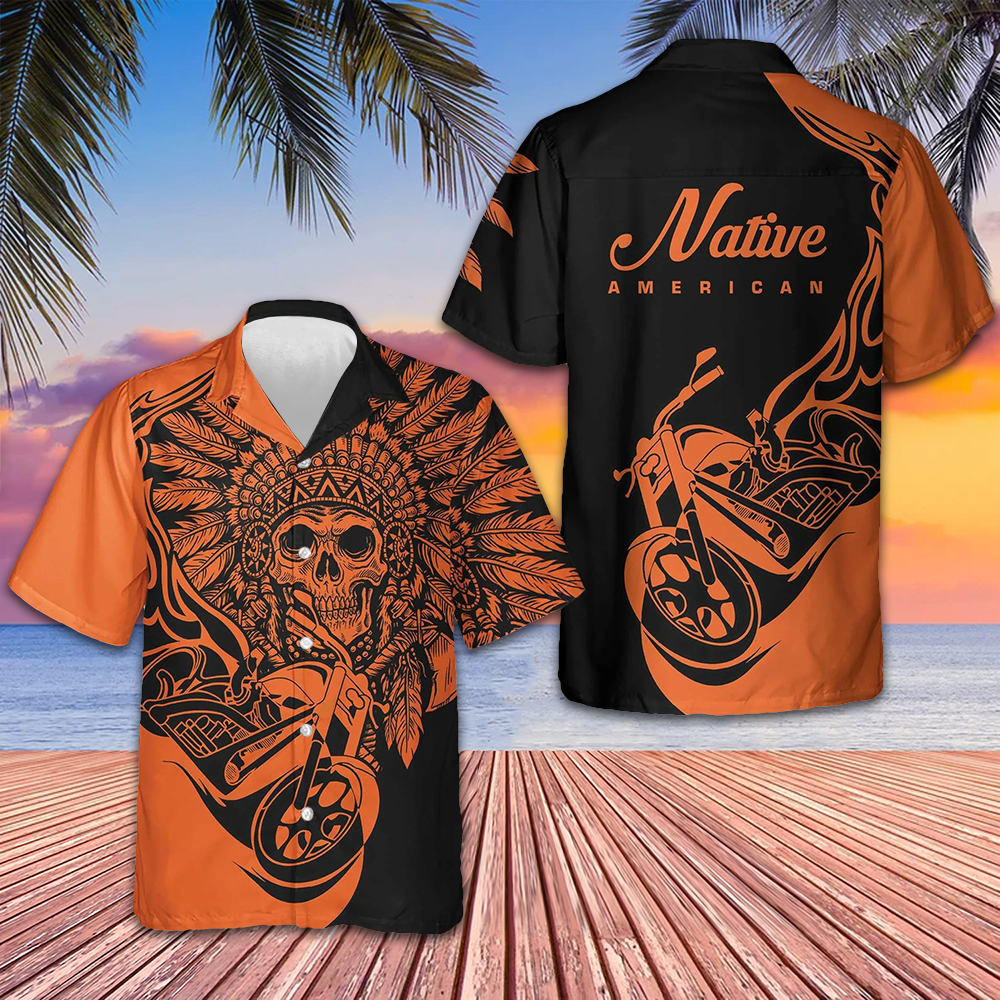 Fire Racing Skull Biker Native American Hawaiian Shirt Motorcycle Lovers Button Down Shirt Men Fire Racing Skull Biker Native American Hawaiian Shirt Motorcycle Lovers Button Down Shirt Men