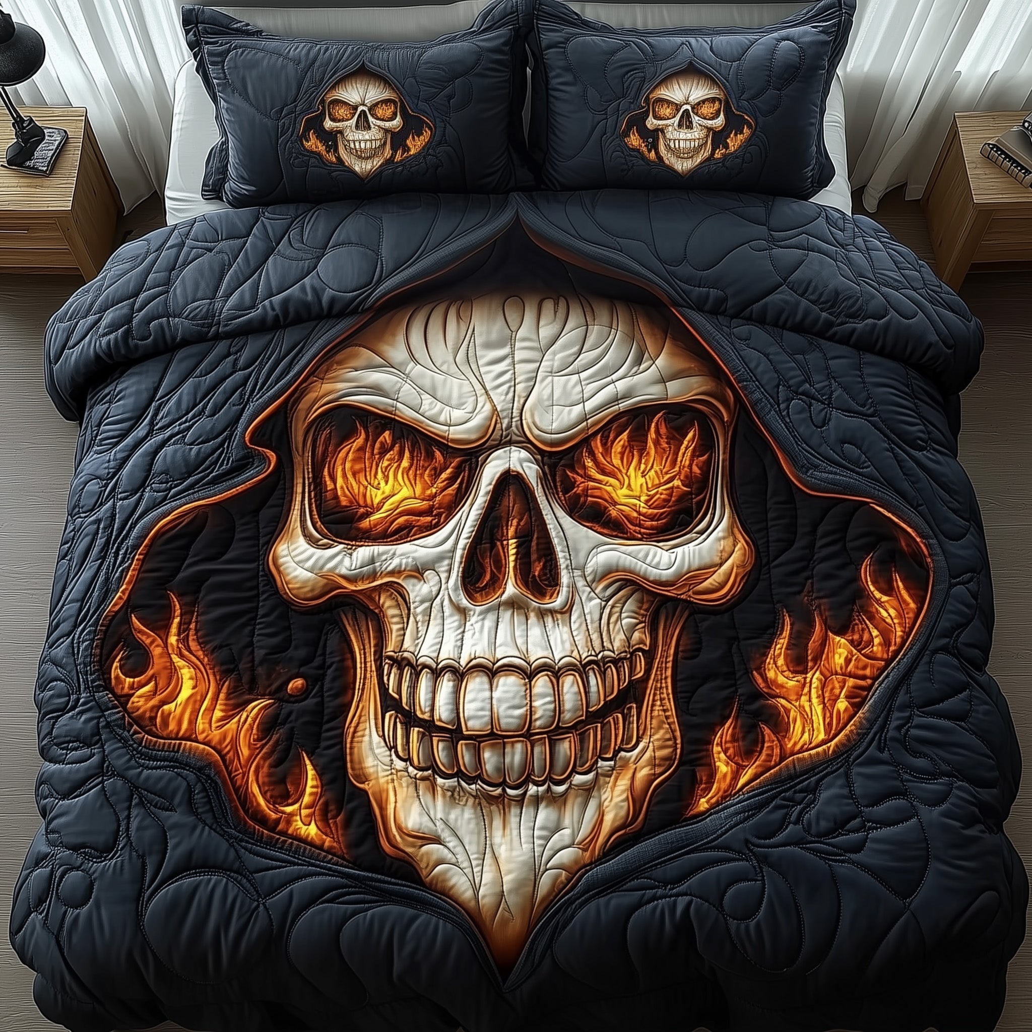 Fire Skull Quilted Bedding Set Horror Skull Head Decor Best Beeding Ideas