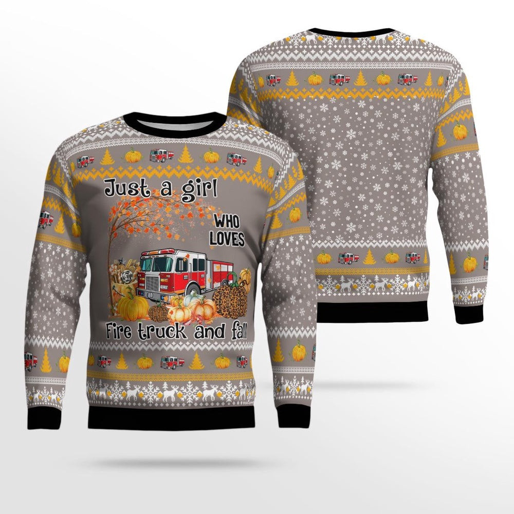 Fire Truck Just Girl Who Loves Christmas AOP Ugly Sweater Xmas Unisex Sweater Christmas Gifts For Men Women