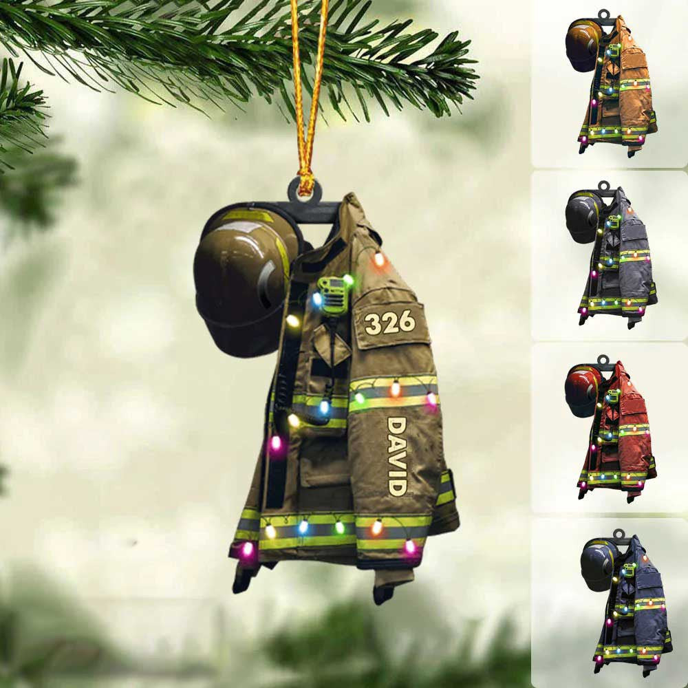 Firefighter Suits With Christmas Light  Personalized Flat Ornament  Gift For Firefighters