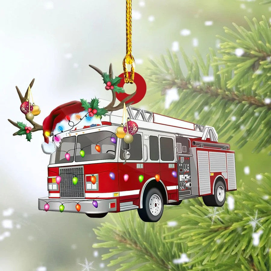 Firefighter Truck Christmas Ornament for Fireman Flat Acrylic Ornament for Firefighter