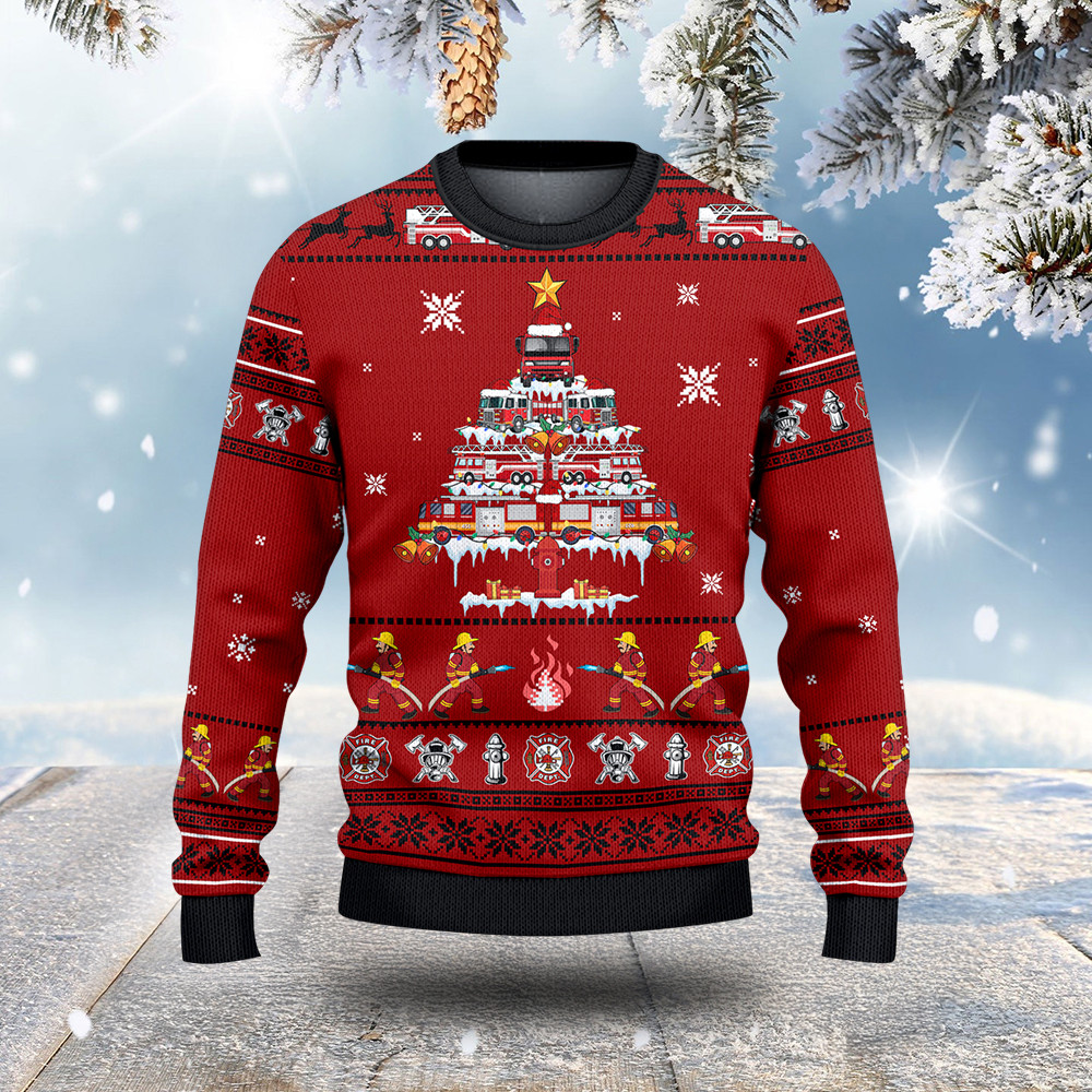 Firefighter Truck Tree Ugly Christmas Sweater Winter Clothing Gifts For Boyfriend