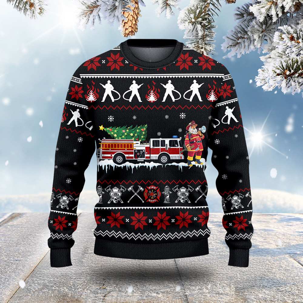 Firefighter Truck Ugly Christmas Sweater Holiday Themed Christmas Gifts For Firefighter Lovers