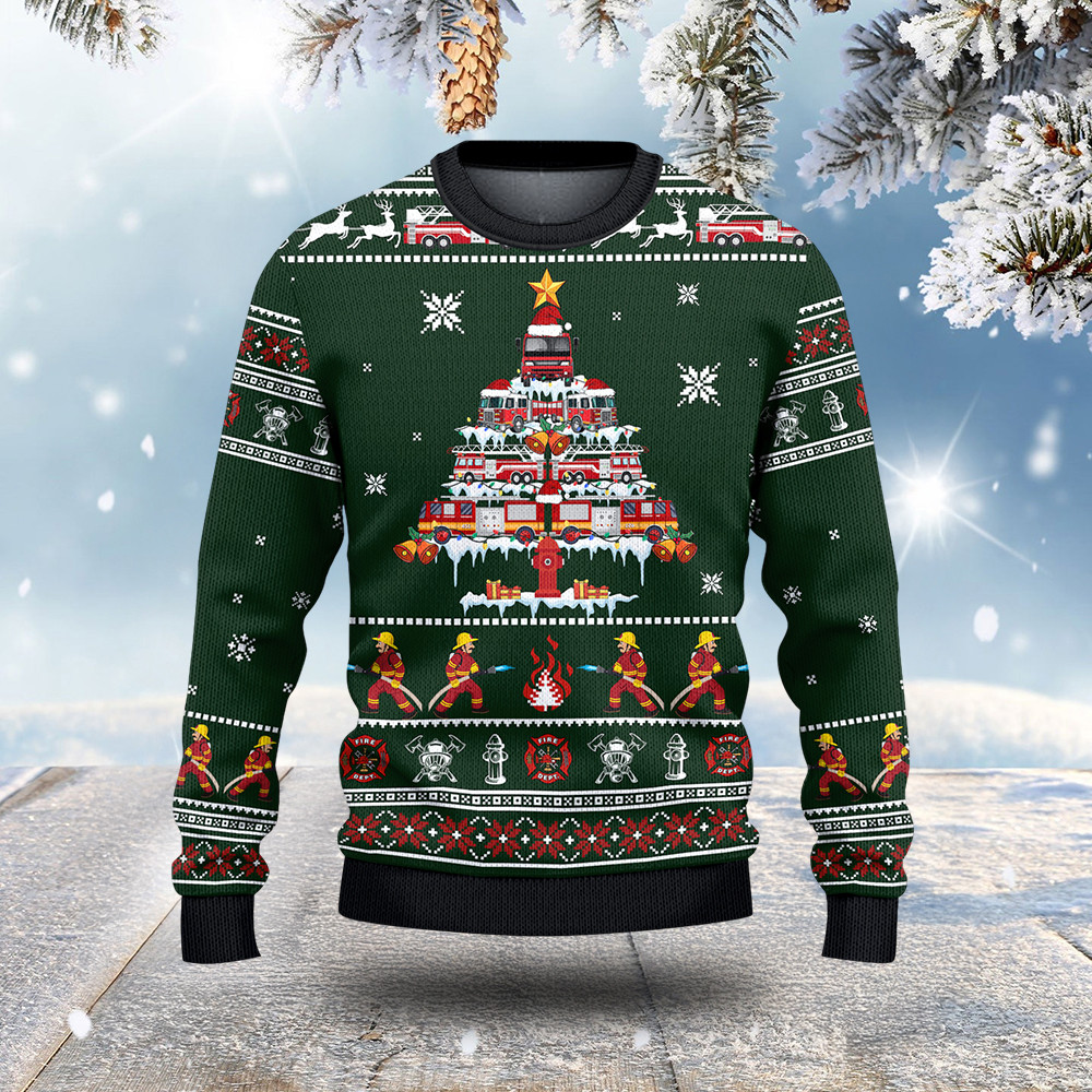 Firefighter Truck Xmas Tree Ugly Christmas Sweater Holiday Wear Christmas Gifts For Him