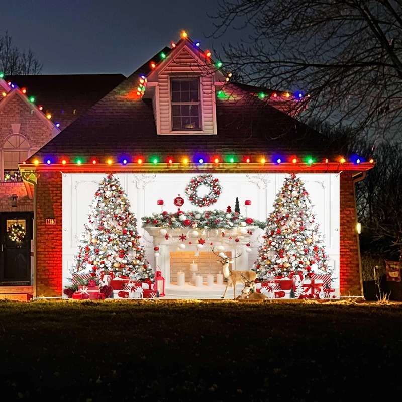 Fireplace Cozy Scene Christmas Garage Door Cover Xmas Door Banner Decor Family Gifts