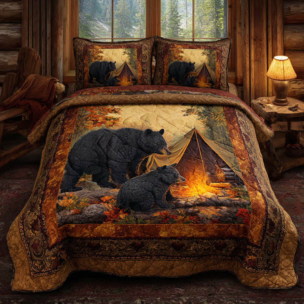 Fireside Black Bear Quilted Bedding Set Christmas Bedding Duvet Cover Unique Nature Lover Gifts