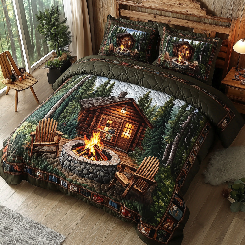 Fireside Escape Quilted Bedding Set Cozy Bedroom Decor Christmas Ideas Present For Men
