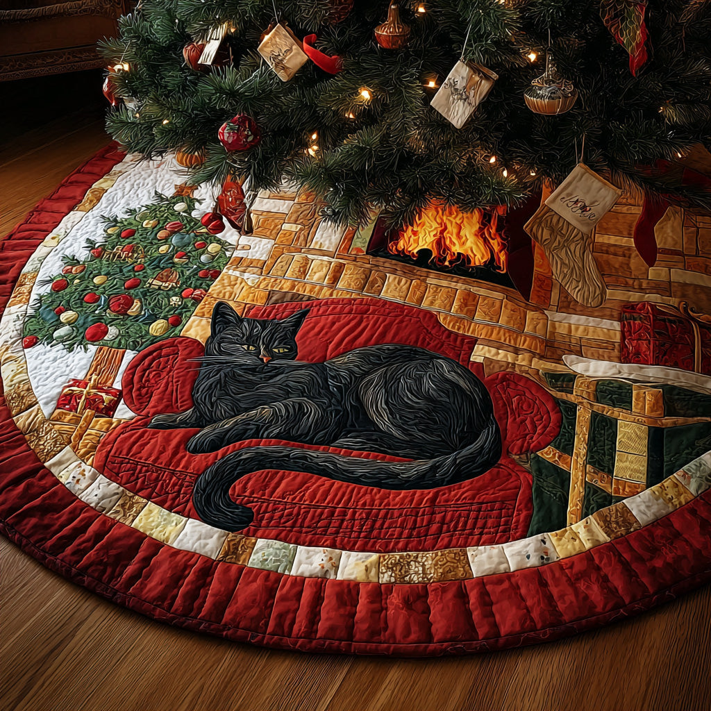 Fireside Gaze Christmas Quilted Tree Skirt Xmas Home Decor Cat Gifts For Xmas
