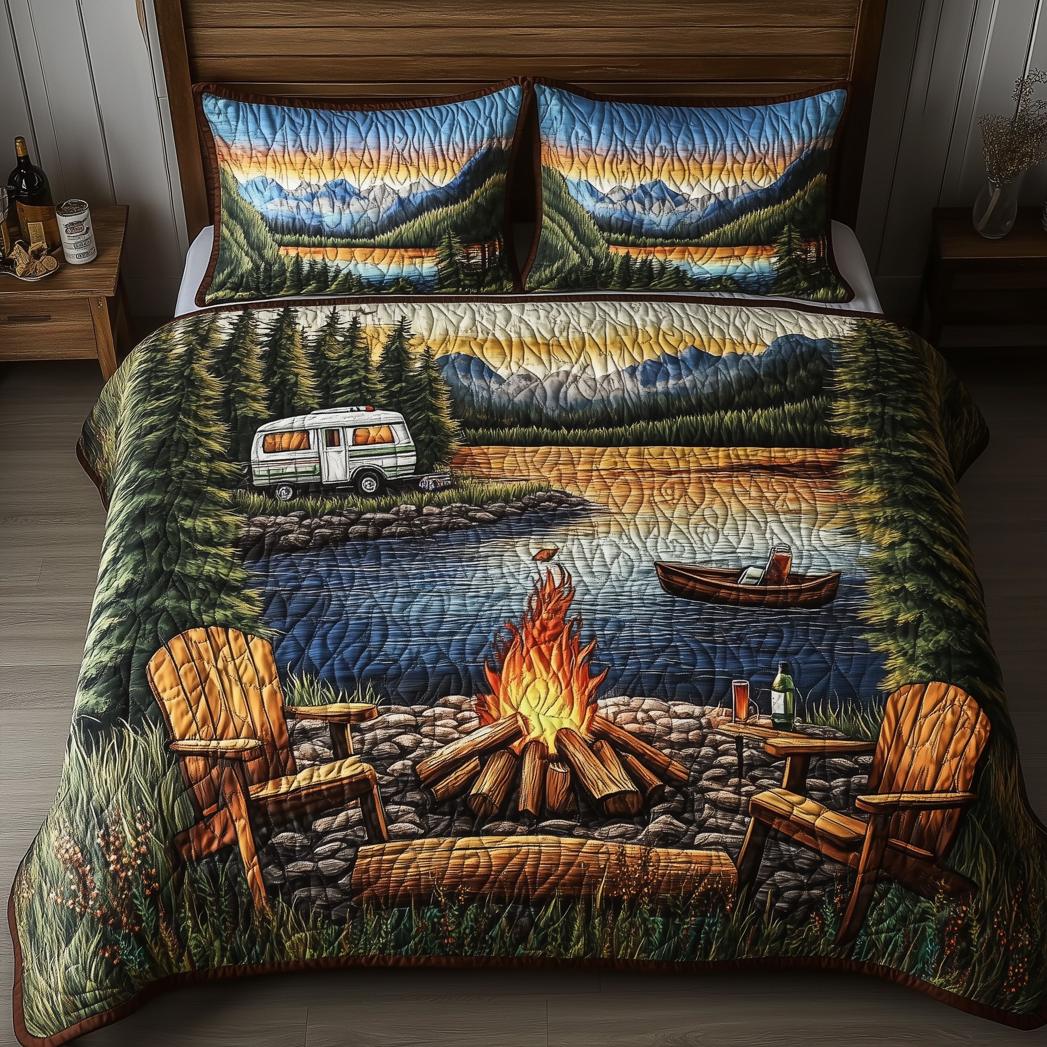 Fireside Mountain Retreat Quilted Bedding Set Duvet Cover Bed Sheet Camping Gifts For Boyfriend