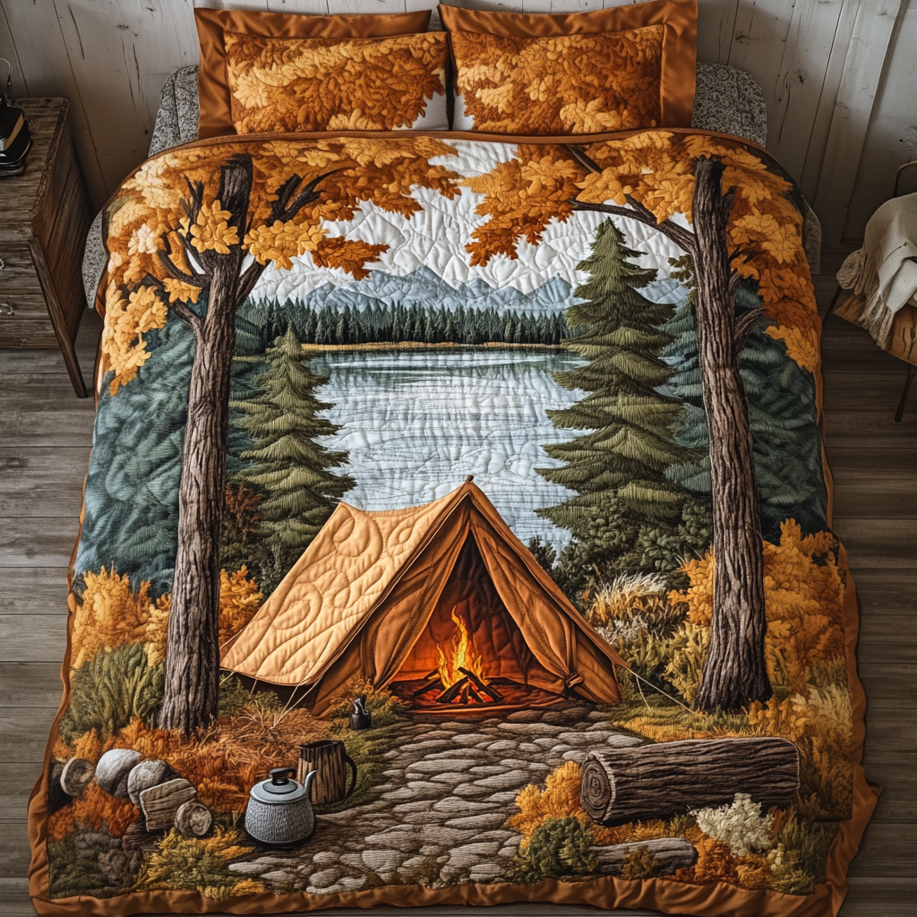 Fireside Nest Quilted Bedding Set Aesthetic Room Decor Camping Gifts For Girlfriend