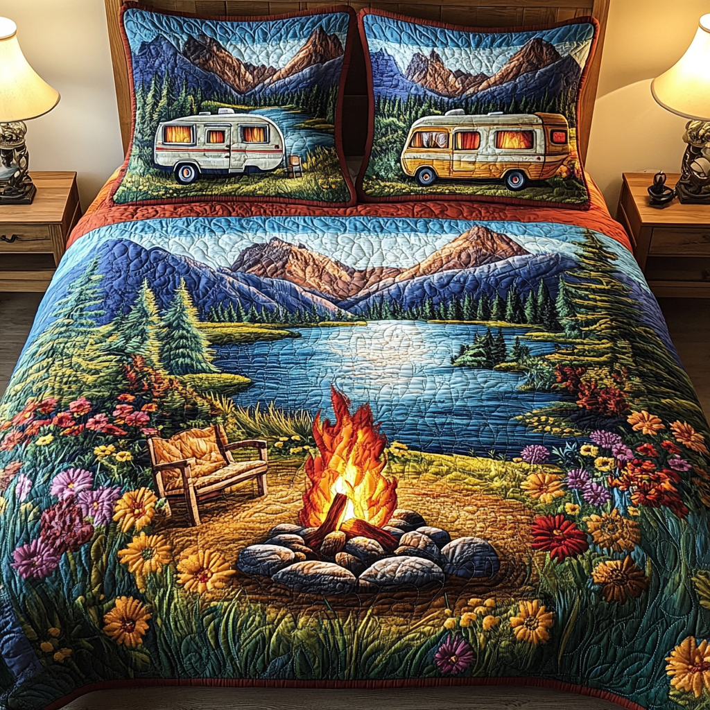 Fireside Rest Quilted Bedding Set Cute Bedroom Decor Best Camping Gifts For Him