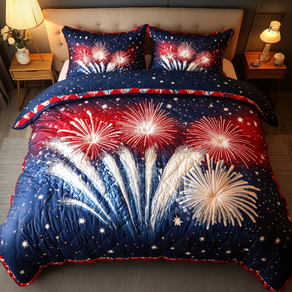 Firework Night Quilted Bedding Set Bed Decor Patriotic Gift Ideas