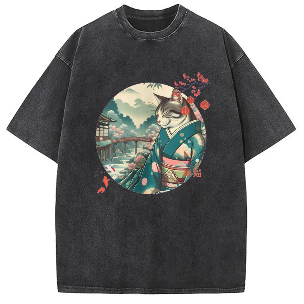 Fish And Kimono Cat Japanese Washed T-Shirt Funny Graphic Gift For Friends Gifts For Her Fish And Kimono Cat Japanese Washed T-Shirt Funny Graphic Gift For Friends Gifts For Her