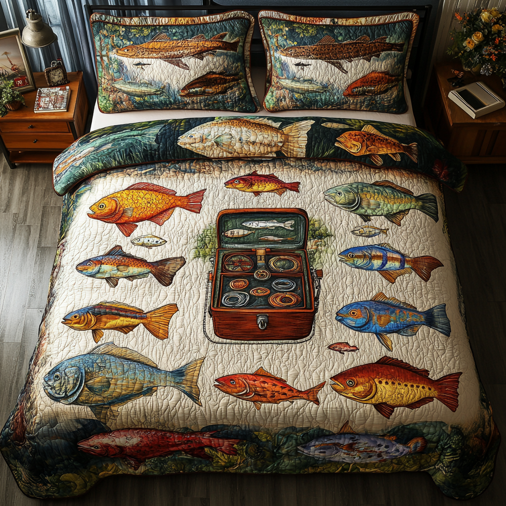 Fish Fiesta Quilted Bedding Set Elegant Bedding Set Gift for Newlyweds