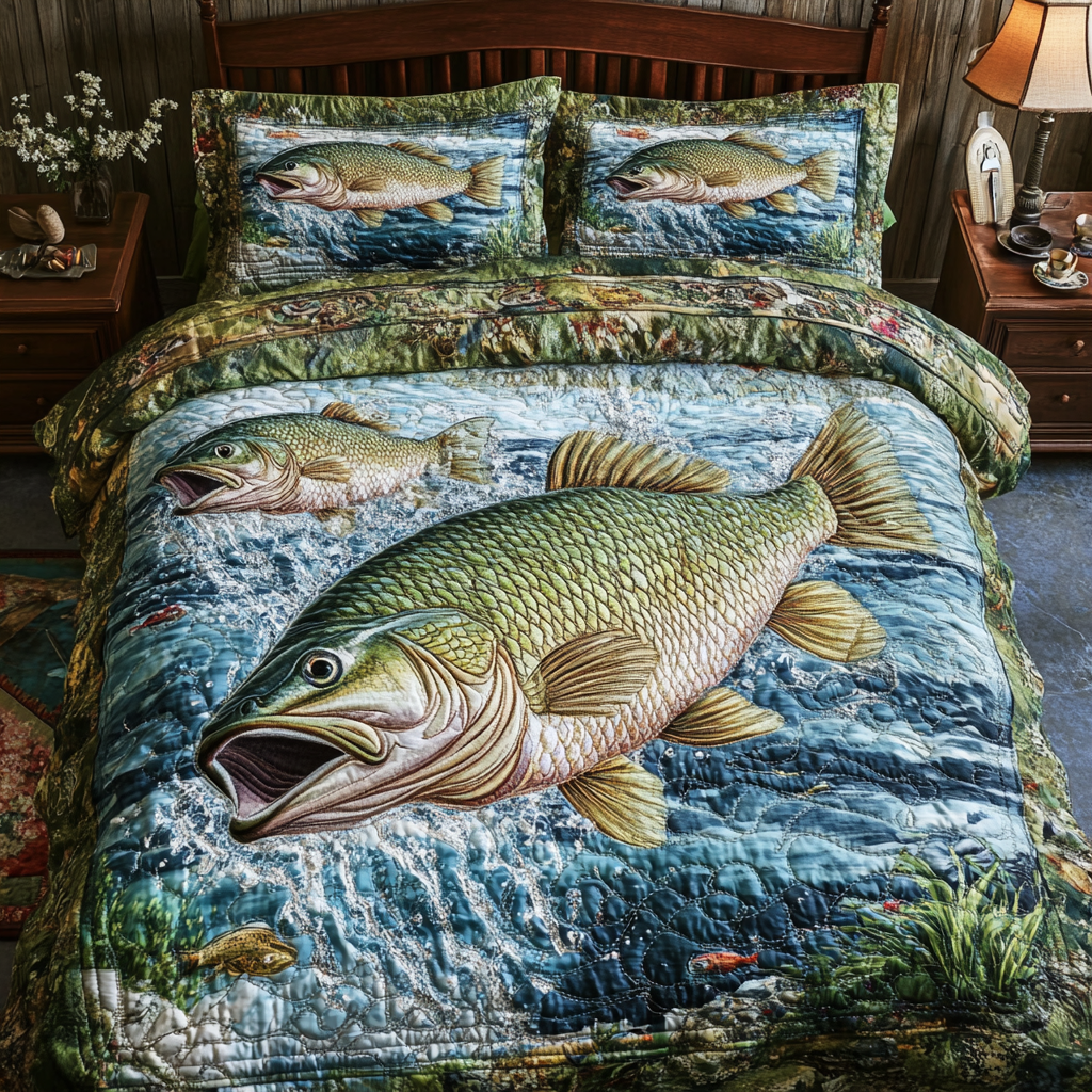 Fish Frenzy Quilted Bedding Set Unique Bed Sheet Set Present For Fish Lovers