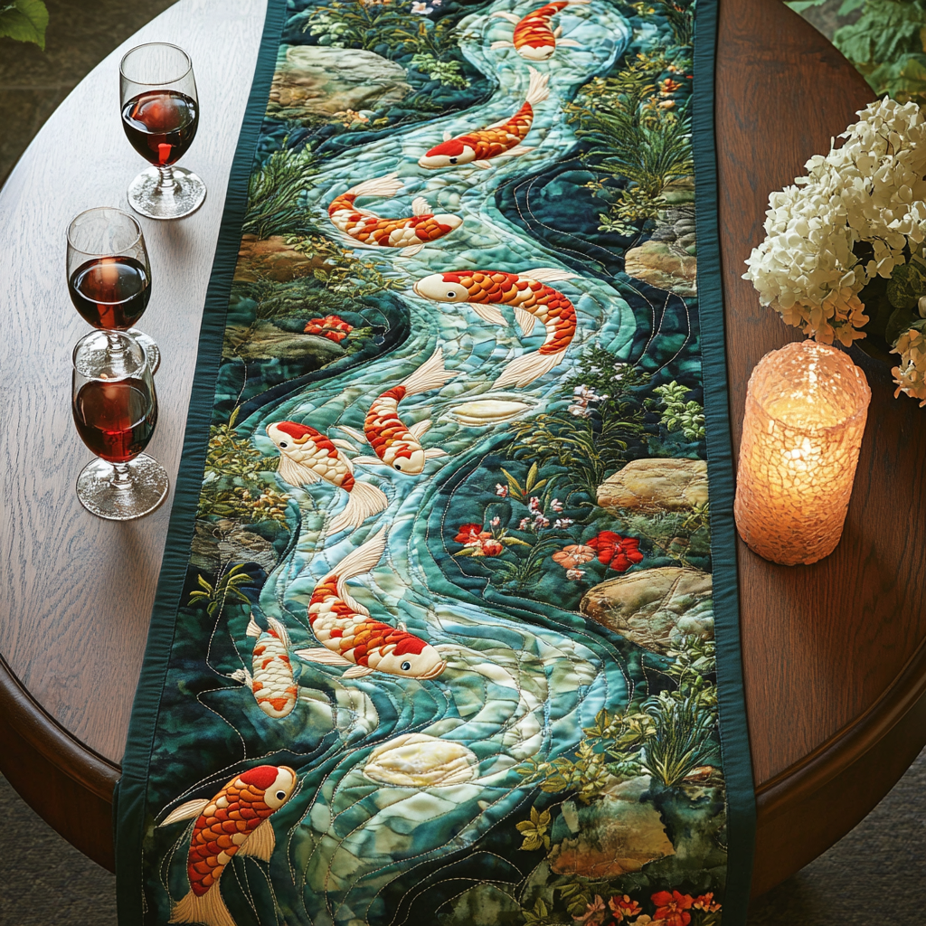 Fish Glide Quilted Table Runner Dining Table Decor Koi Fish Presents