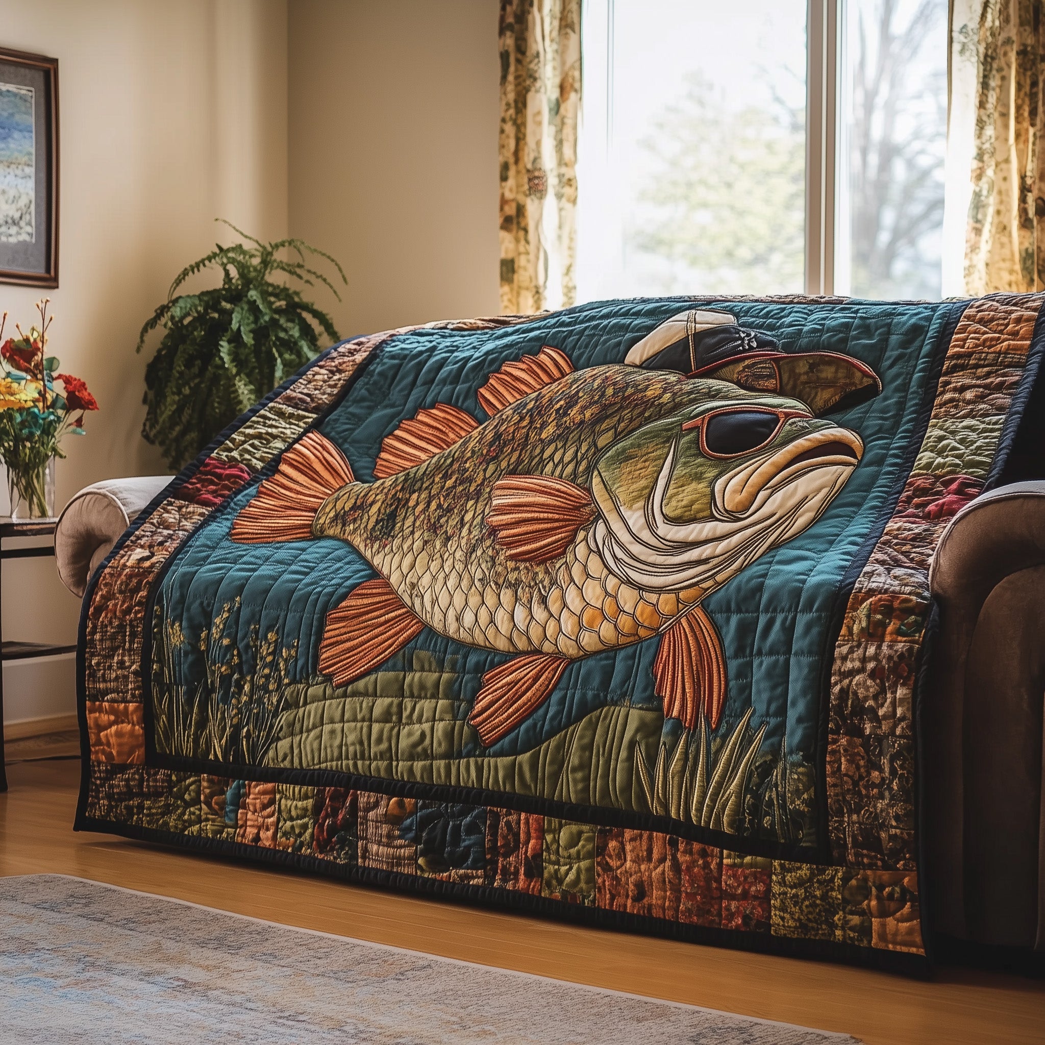 Fish Hunter Quilted Blanket Merchandise Throw BlanketBest Fishing Gifts