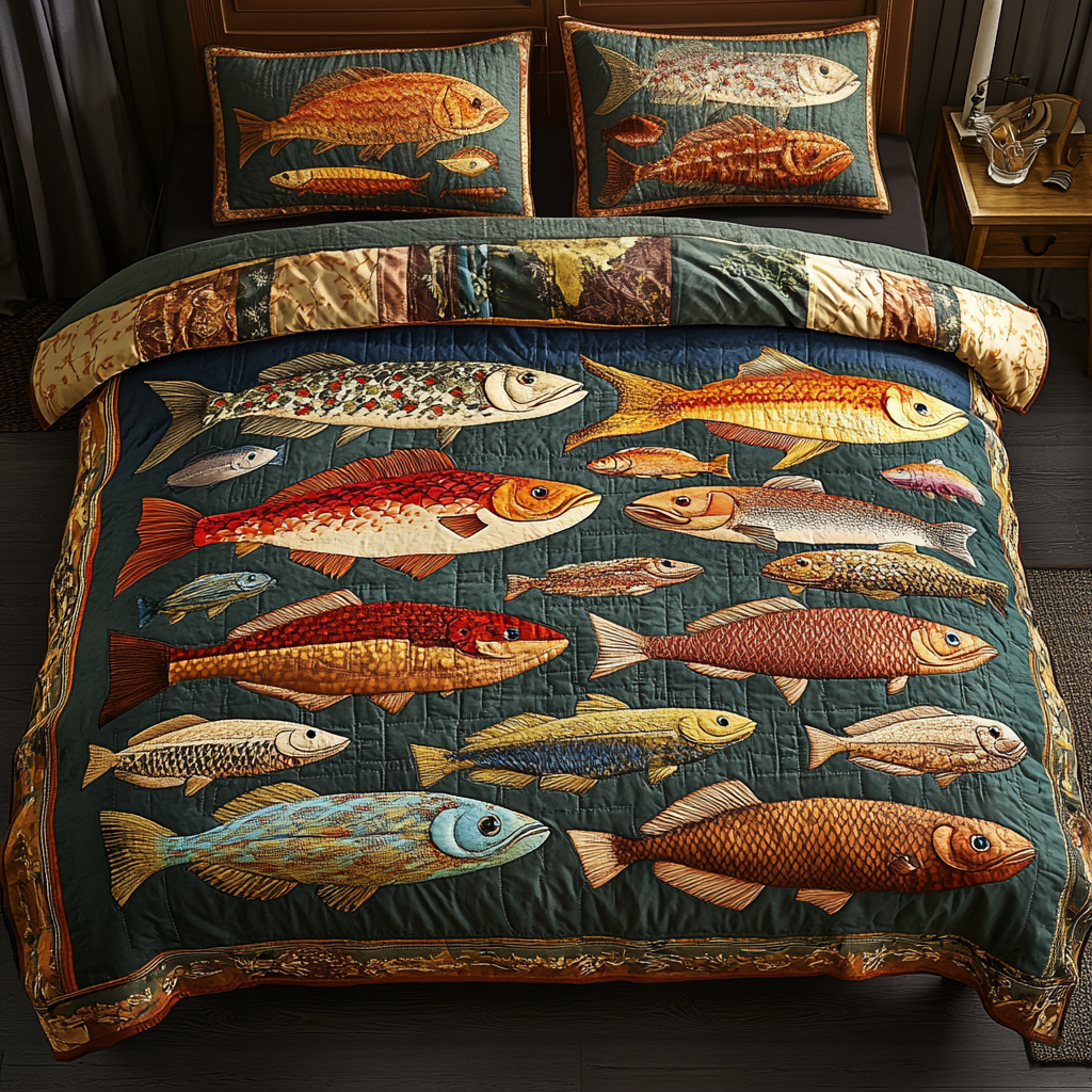 Fish Oasis Quilted Bedding Set Luxury Comforter Gift Set for Him or Her