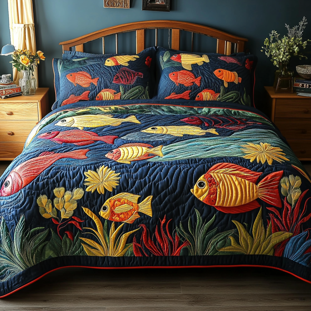 Fish Parade Quilted Bedding Set Warm and Elegant Bedding Gift Set for Every Home