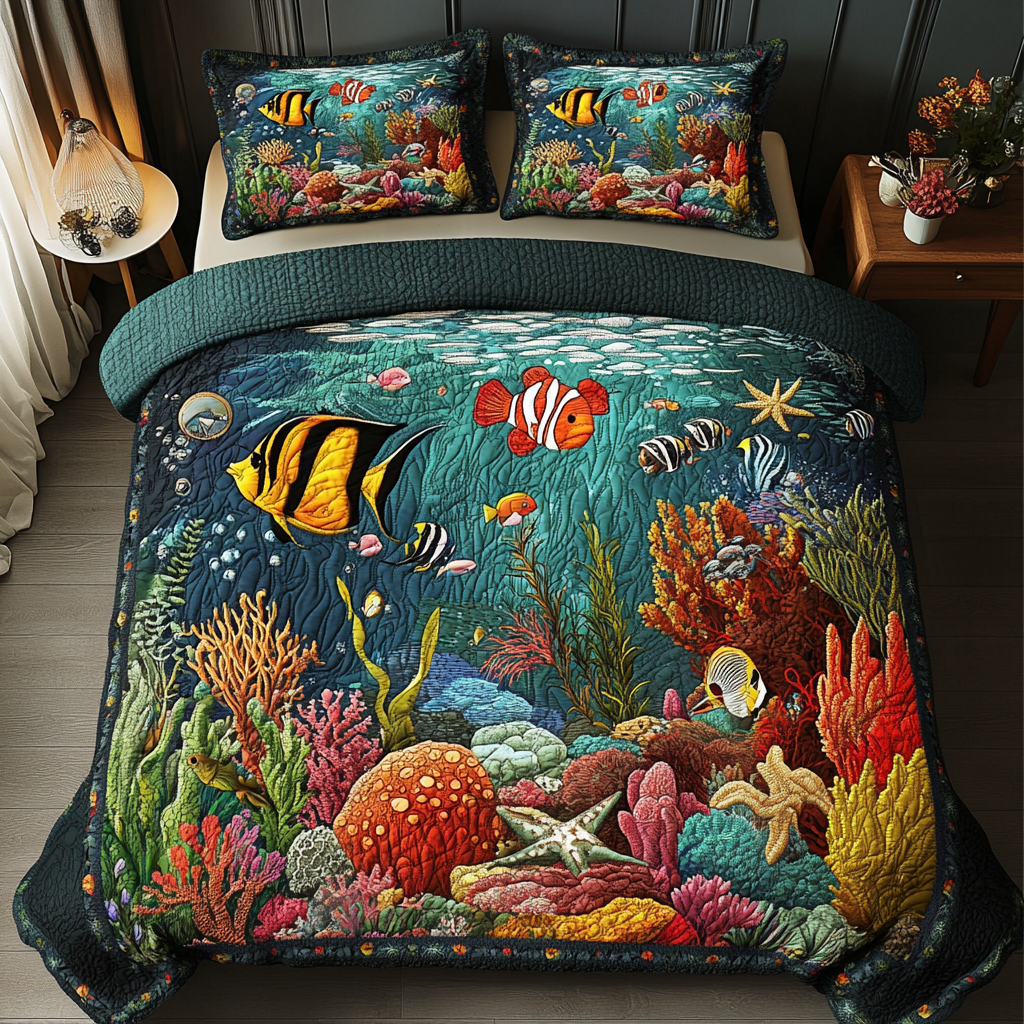 Fish Paradise Quilted Bedding Set Cozy Bedroom Decor Fishing Presents For Dad