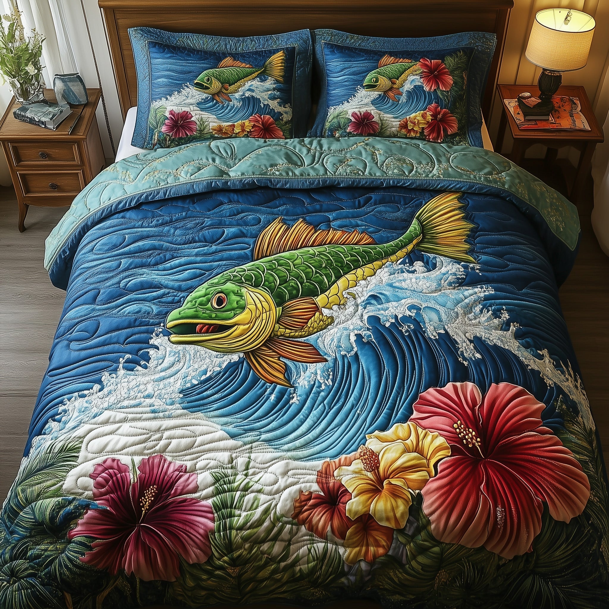 Fish Paradise Quilted Bedding Set Duvet Cover Bed Sheet Best Fishing Christmas Gifts