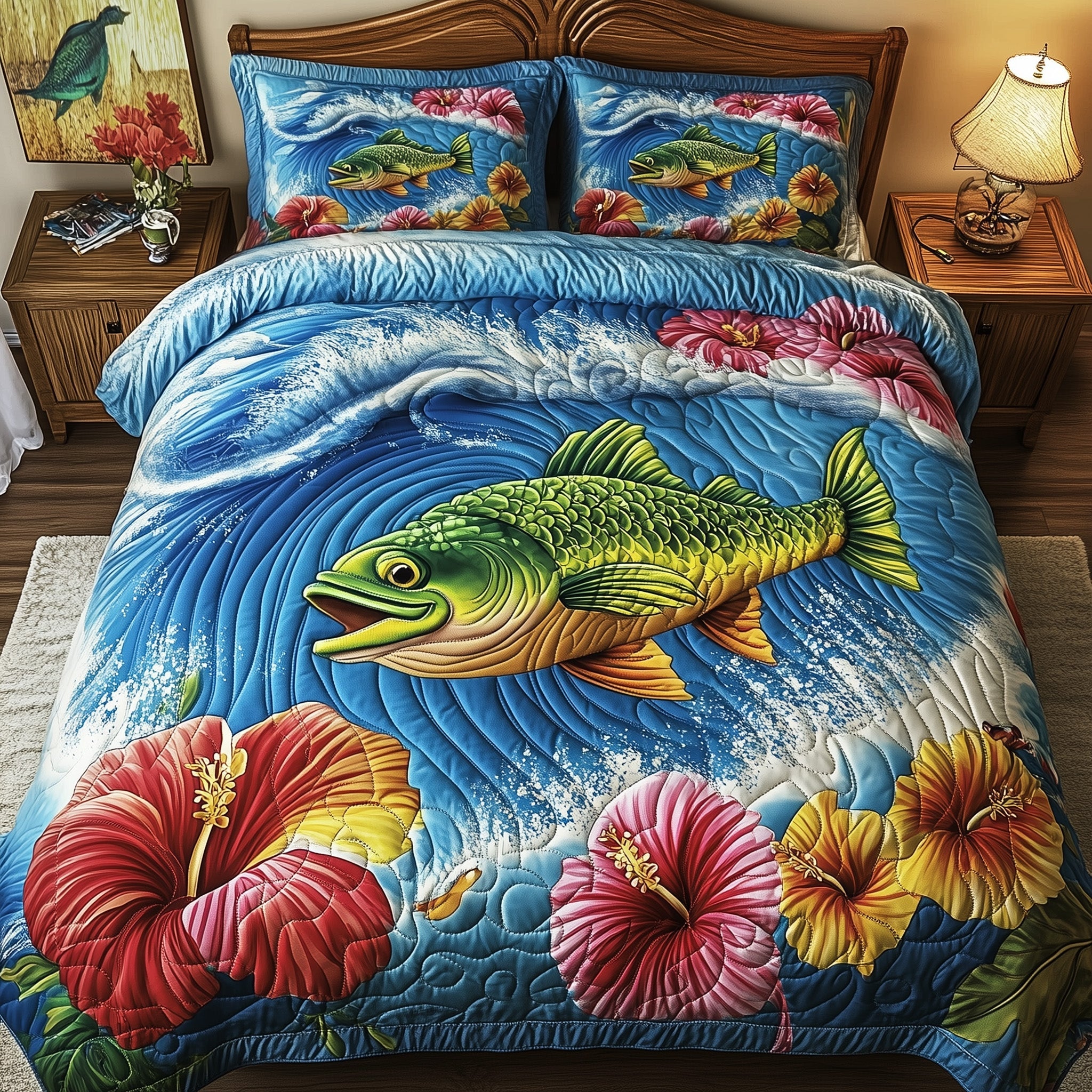 Fish Paradise Quilted Bedding Set Duvet Cover Bed Sheet Birthday Gifts For Fishing Lovers