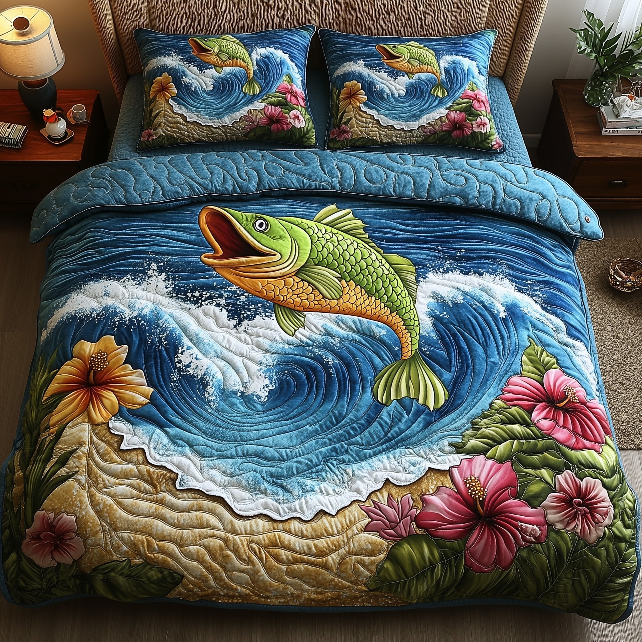 Fish Paradise Quilted Bedding Set Duvet Cover Bed Sheet Birthday Presents For Fishing Lovers