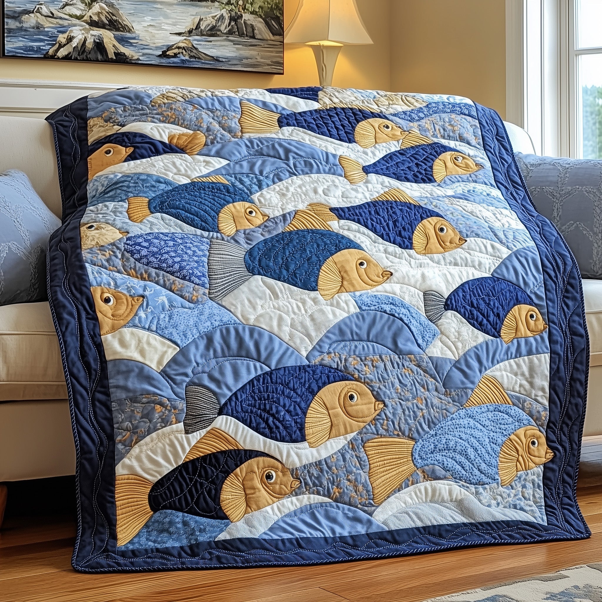 Fish Quilted Blanket Sofa Throw BlanketFishing Theme Merchandise