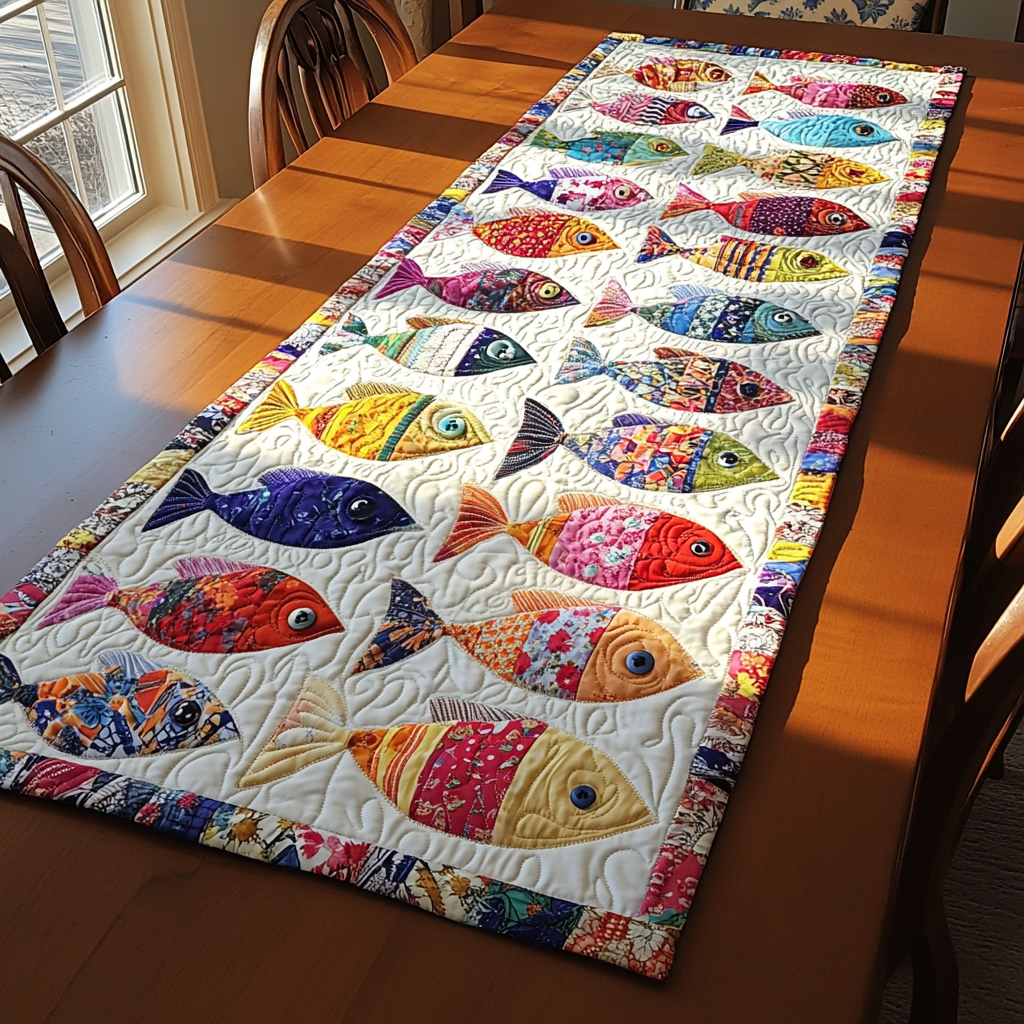 Fish Swim Quilted Table Runner Dining Room Table Decor Gift For Coworker