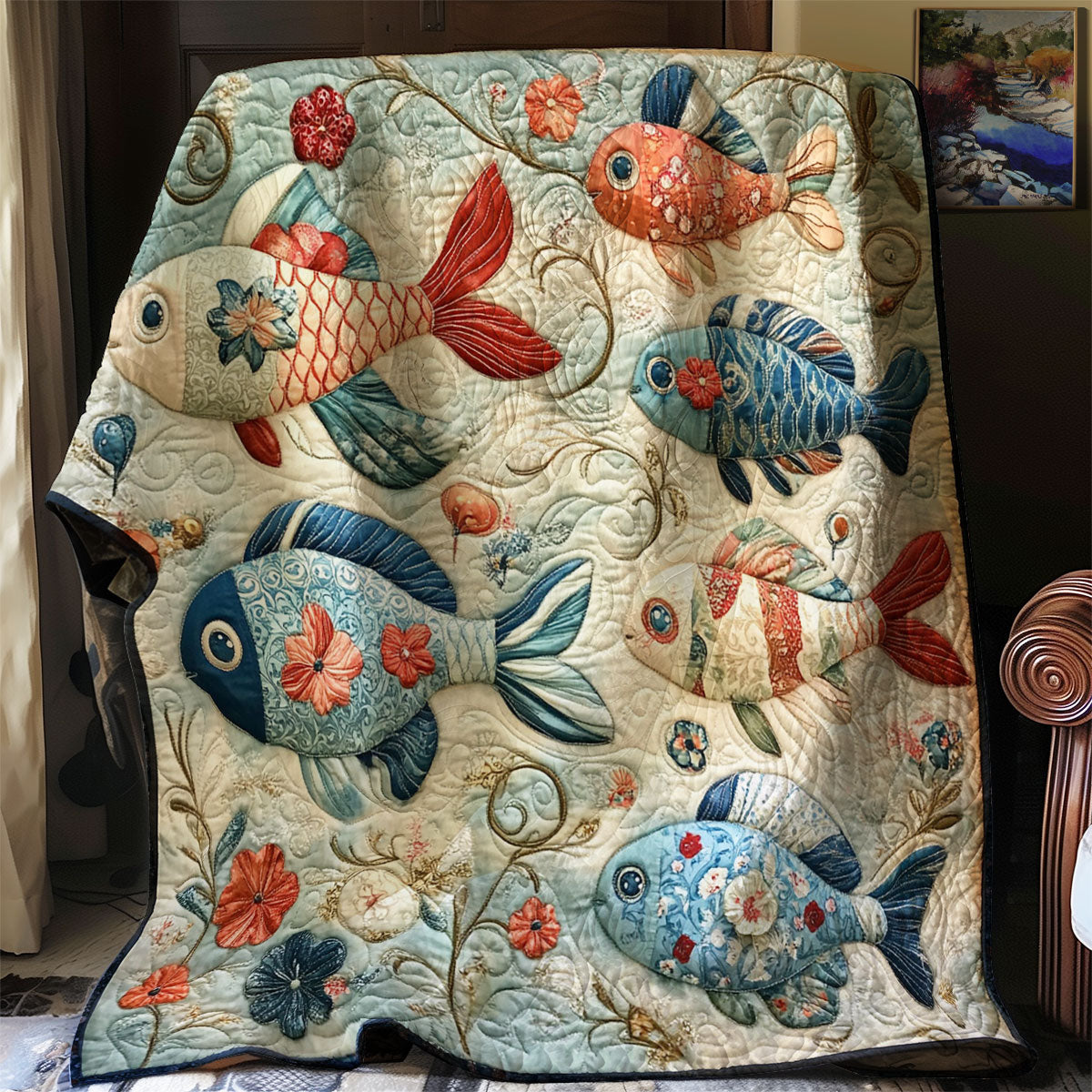 Fish Tale Bliss Quilt Luxury Quilt Blanket Gift for Elegant Interiors