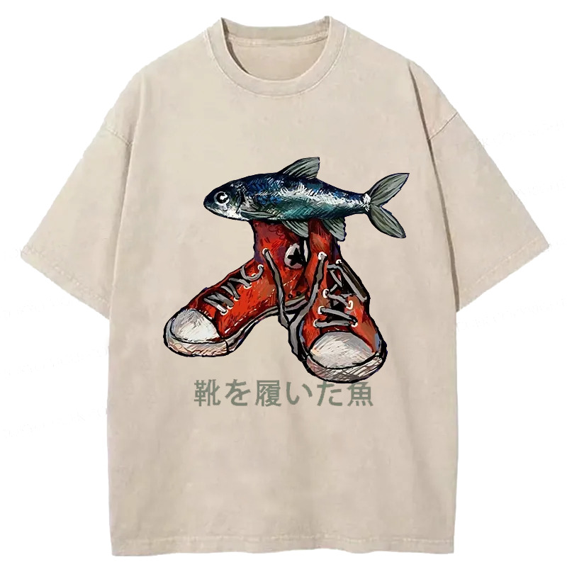 Fish Wearing Shoes Washed T-Shirt Retro Humor Outfit Idea Gifts For Friends