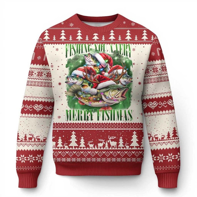 Fish With Santa's Hat Merry Fishmas Ugly Holiday Jumper Funny Clothes Fishing Gifts For Dad