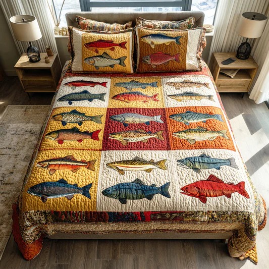 Fisher Cabin Quilted Bedding Set Rustic Fishing Bedroom Decor Cozy Gift For Cabin Lovers
