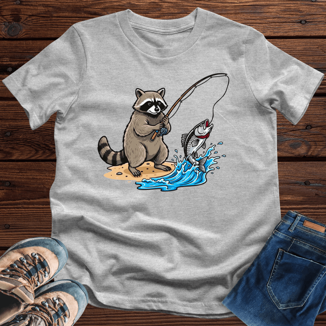 Fisher Racoon Does Fishing T-Shirt Unique Animal Cartoon Art Shirt Best Fisher Apparel