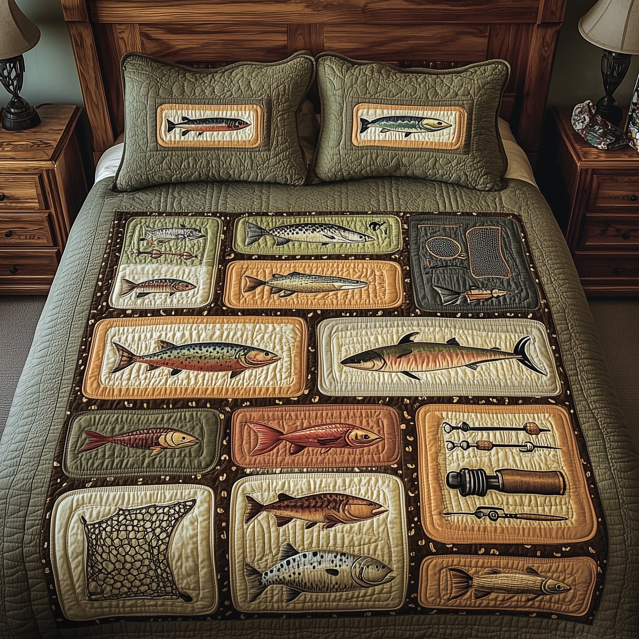 Fishing Adventure Quilted Bedding Set Duvet Cover Bed Sheet Good Gifts For Fishermen
