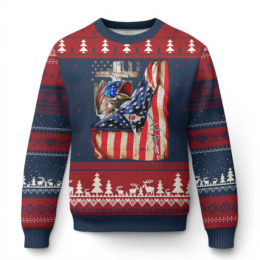 Fishing American Flag Ugly Christmas Sweater Christian Xmas Sweater Fisherman Based Gifts