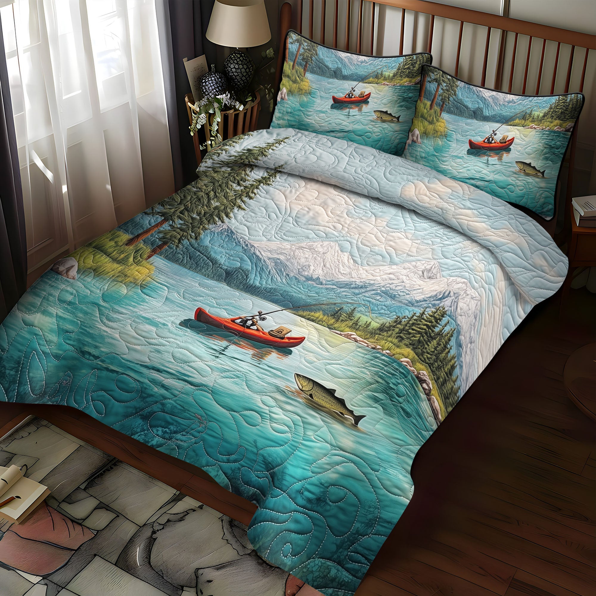 Fishing Bliss Quilted Bedding Set Cool Bedroom Decor Unique Best Gifts For Fishing Lovers