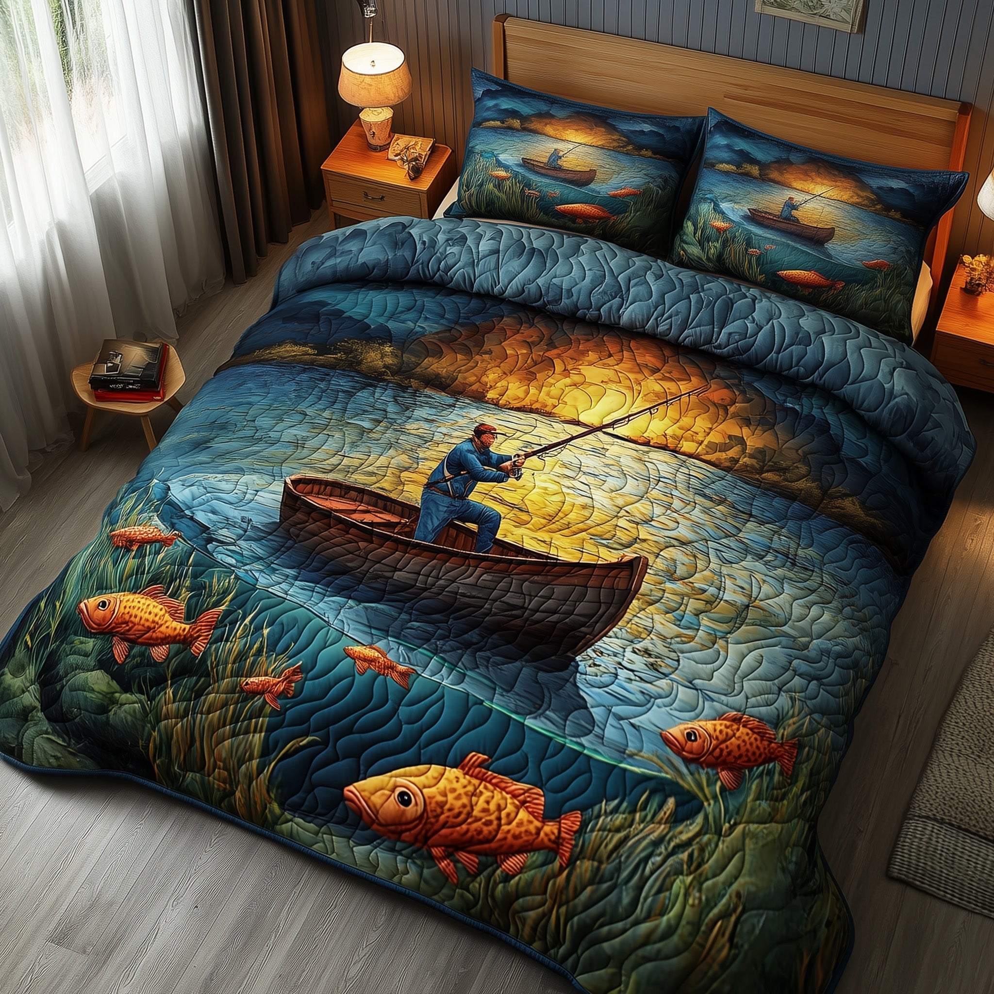 Fishing Bliss Quilted Bedding Set Duvet Cover Merchandise Cool Fishing Gifts