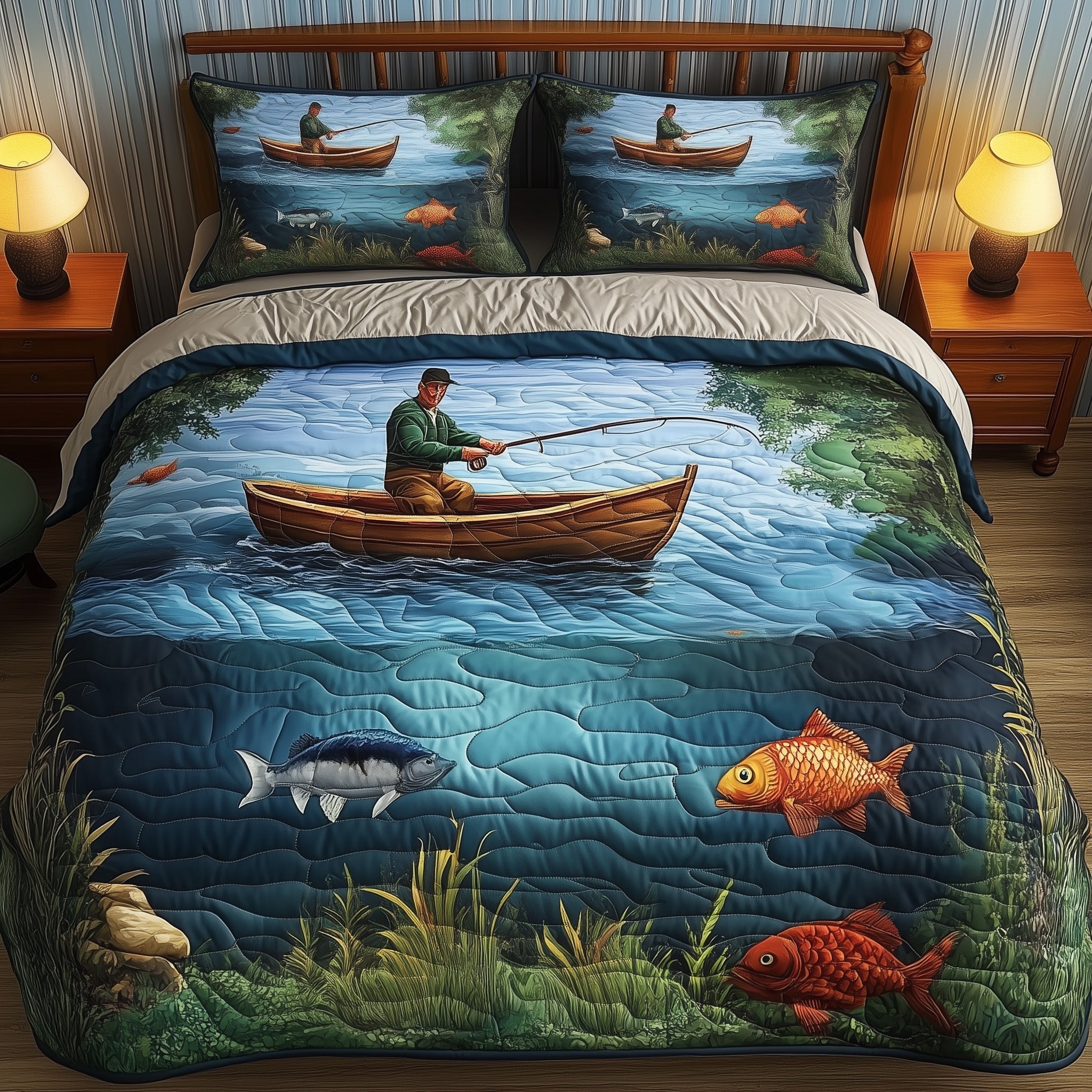Fishing Bliss Quilted Bedding Set Duvet Cover Merchandise Fishing Christmas Gifts