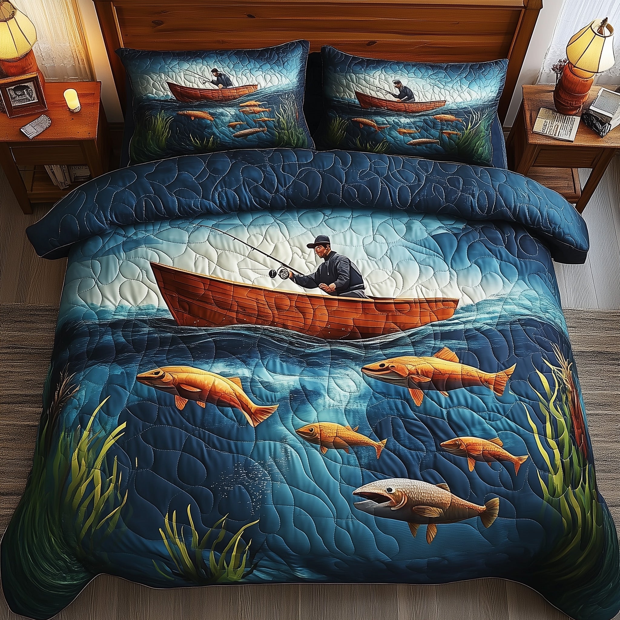 Fishing Bliss Quilted Bedding Set Duvet Cover Merchandise Fishing Father's Day Gifts
