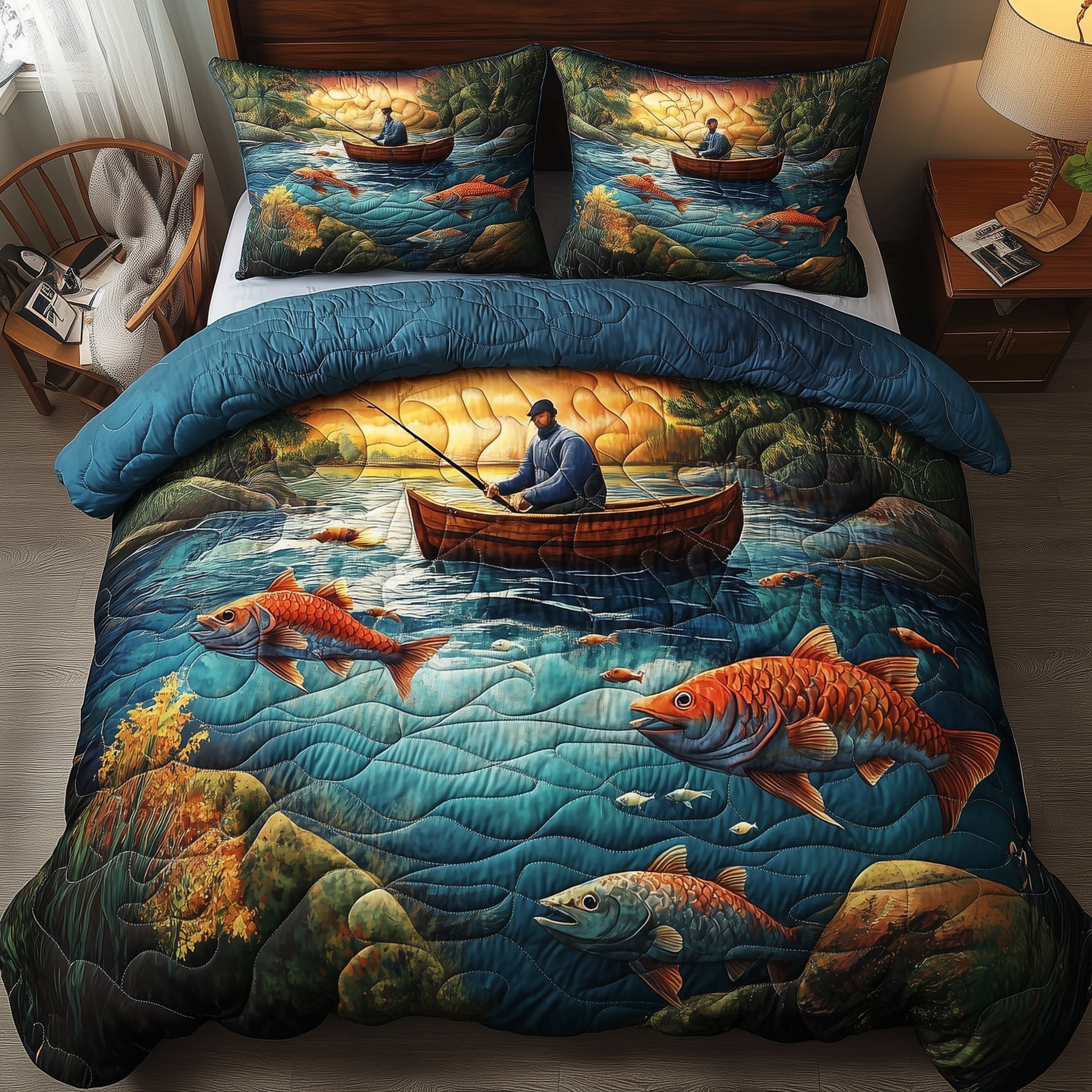 Fishing Bliss Quilted Bedding Set Duvet Cover Merchandise Fishing Gifts For Boyfriend