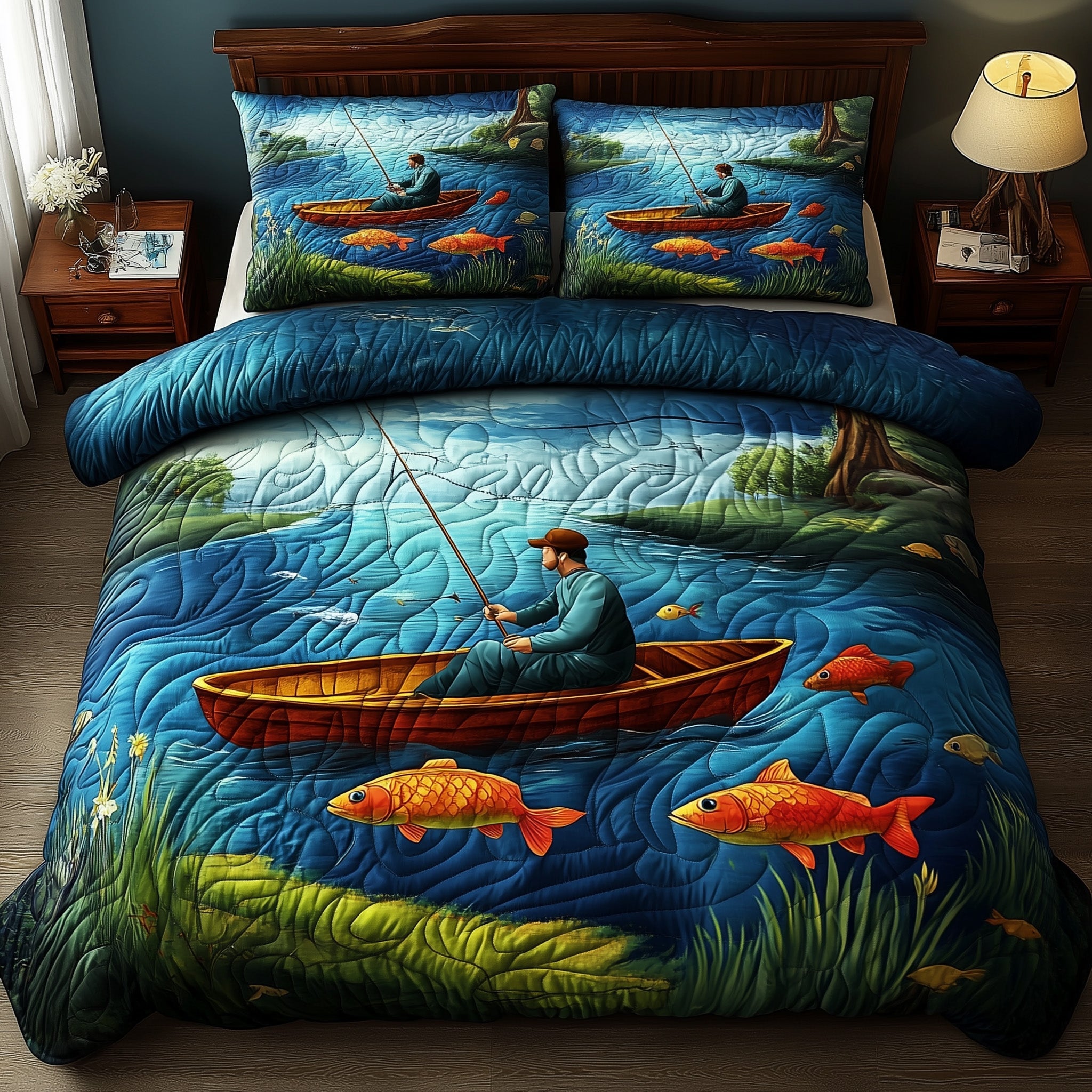 Fishing Bliss Quilted Bedding Set Duvet Cover Merchandise Fishing Presents For Dad