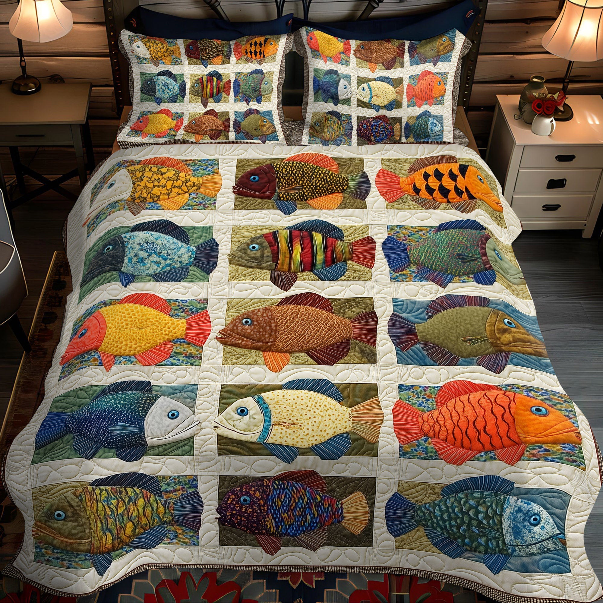 Fishing Daydreams Quilted Bedding Set Cute Bedroom Decor Gifts For Someone Who Loves Fishing