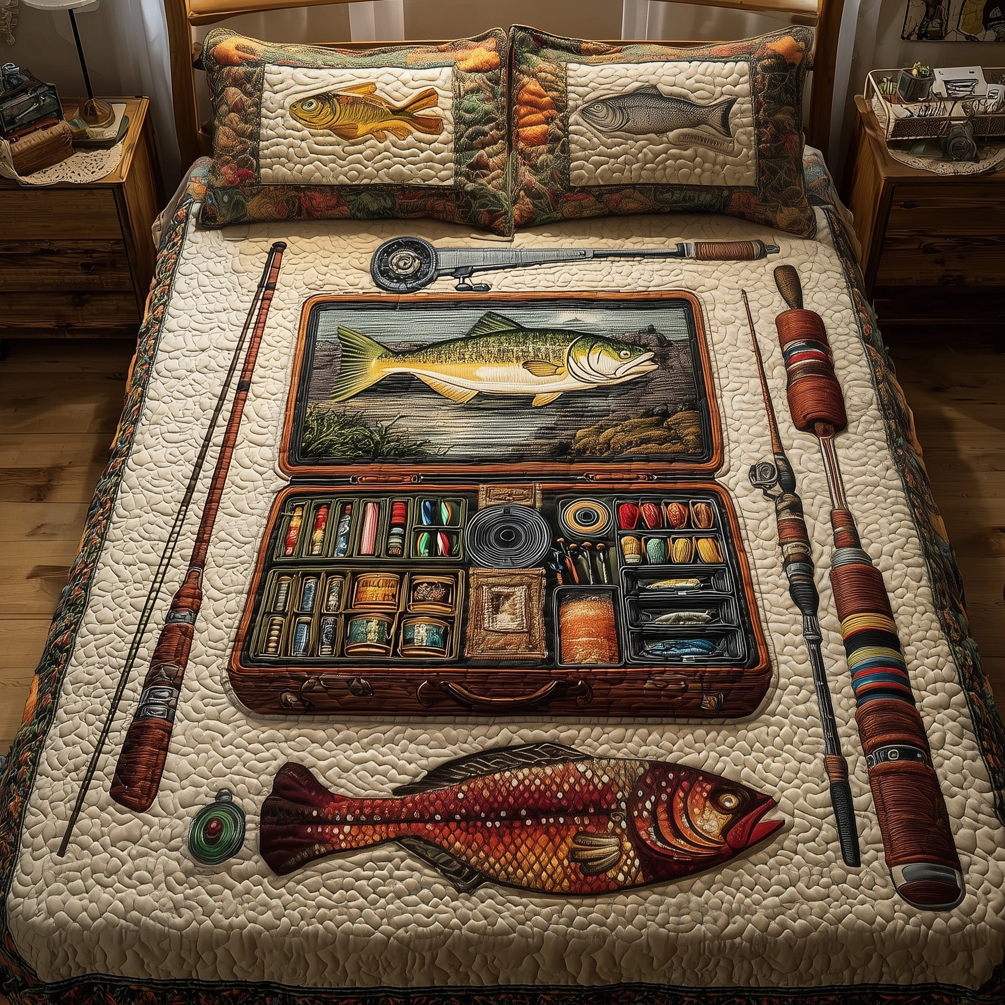 Fishing Delights Quilted Bedding Set Duvet Cover Bedspread Best Fishing Gifts Xmas
